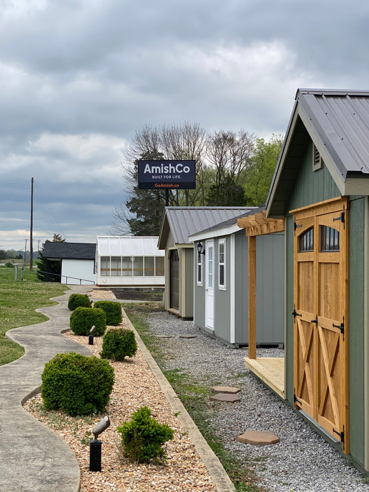 front line of amishco sales center with amish made sheds in nashville tn
